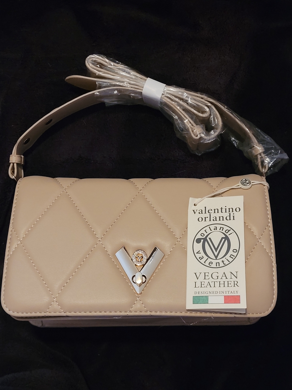 Valentino Orlandi Taupe Quilted Vegan Leather Crossbody Bag